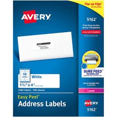 Avery 5162 Easy Peel Permanent Adhesive Address Labels - 1-1/3" x 4", 1400 Labels